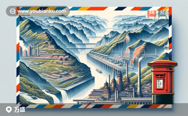 萬盛區(qū)標志性景點插圖：黑山谷、石林與辣椒，展示自然與文化特色，400800郵政編碼與經(jīng)開區(qū)發(fā)展