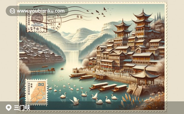 三門峽天鵝湖與地坑院建筑，融入現(xiàn)代明信片元素
