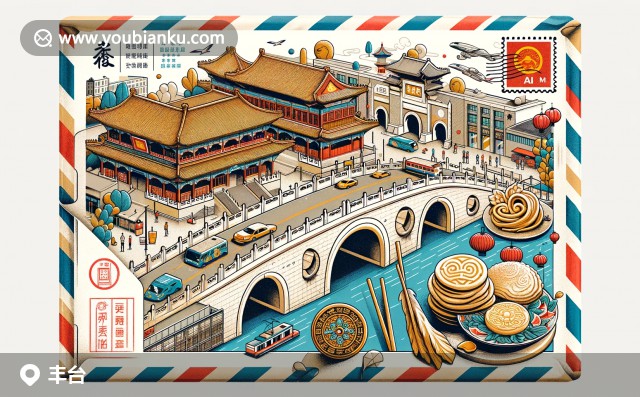 創(chuàng)意十足的豐臺(tái)區(qū)地標(biāo)藝術(shù)插畫(huà)，融合盧溝橋、豐臺(tái)火車(chē)站及煎餅在郵票上的獨(dú)特呈現(xiàn)