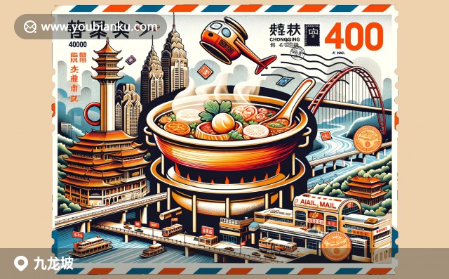 插圖：九龍坡區(qū)標(biāo)志性景觀-紅巖紀(jì)念館、美食辣子雞和長江索道在創(chuàng)意郵政編碼背景下的藝術(shù)呈現(xiàn)