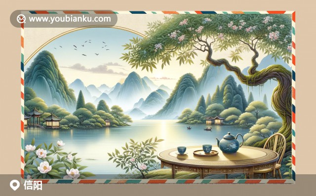信陽地域特色與郵政元素完美結(jié)合，展現(xiàn)毛尖、大腸湯與南灣湖風光，中國風郵票郵戳點綴