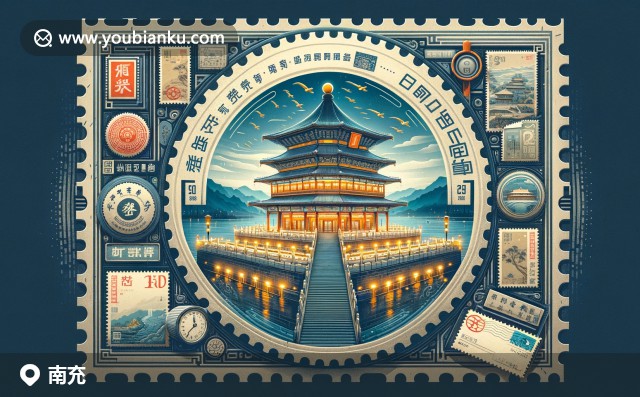 南充文化與郵政元素融合，滕王閣夜色璀璨，中國郵票框架烘托