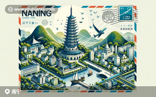 南寧現(xiàn)代藝術(shù)郵件信封，融合青秀山、龍象塔和城市景觀，展現(xiàn)豐富的自然美景與歷史遺產(chǎn)
