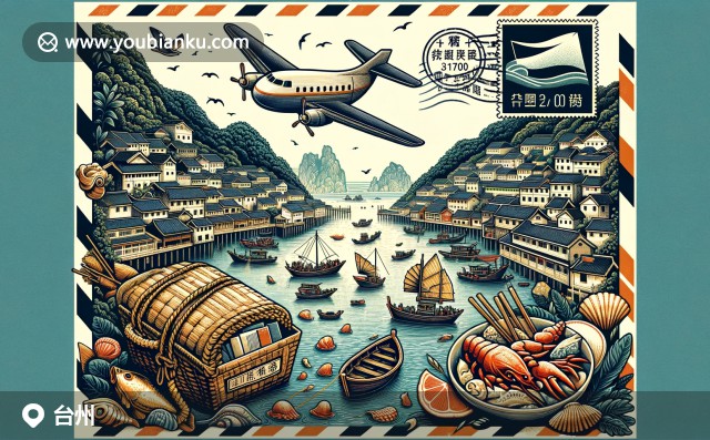 臺州海洋文化的現(xiàn)代描繪，融合郵政元素與海鮮美食，展現(xiàn)漁村風貌與傳統(tǒng)漁船