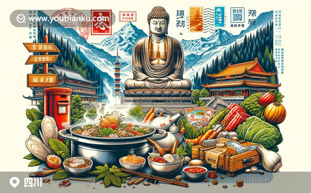 四川文化與郵政元素完美融合，展現(xiàn)九寨溝風(fēng)景、大熊貓和火鍋等特色元素，傳達郵政傳遞信息的獨特魅力