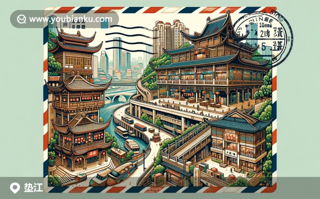 墊江縣特色辣椒與仙女山風(fēng)光的航空信封郵票設(shè)計，展示郵政編碼的創(chuàng)意地圖