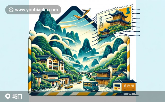 創(chuàng)意展現(xiàn)的城口縣特色，包括五龍河、石板古鎮(zhèn)和民居，郵編405900的郵政元素，生動展示的自然與文化底蘊