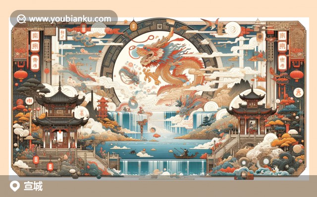 宣城文化與藝術(shù)的完美融合，展示敬亭山、徽派木雕和宣紙藝術(shù)，融入郵局元素
