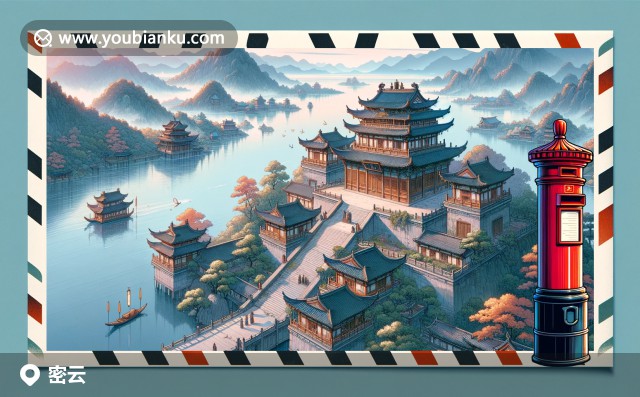 密云水庫(kù)風(fēng)光，郵戳標(biāo)記下的蘋(píng)果與中國(guó)亭子 - 現(xiàn)代插畫(huà)藝術(shù)展示