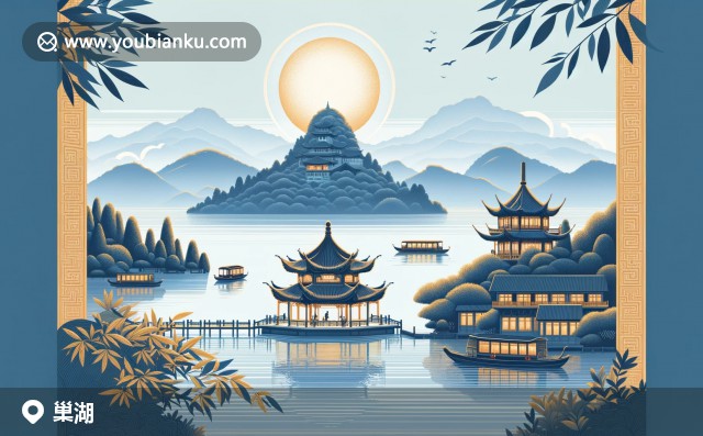 中心是裝飾有姥山島輪廓、毛蟹和銀魚的中國風(fēng)明信片，背景為寧靜的巢湖湖面與現(xiàn)代插畫風(fēng)格