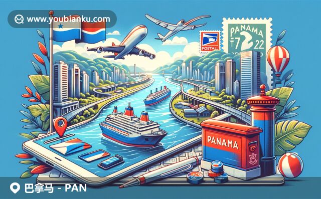 現(xiàn)代插畫風格展現(xiàn)巴拿馬地理特征與郵政特色，包含標志性運河和國旗，航空信封、郵戳和傳統(tǒng)郵筒
