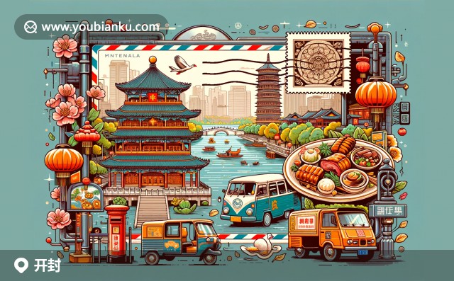 河南省開封市開封區(qū)郵票明信片，展示開封府、鐵塔和包公祠特色，現(xiàn)代與傳統(tǒng)交融的街景