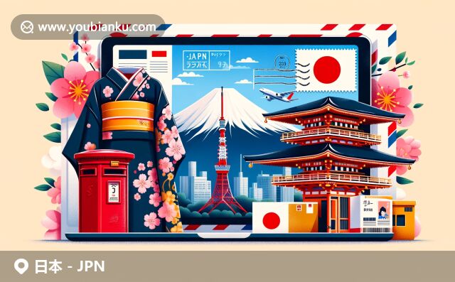 現(xiàn)代插畫展現(xiàn)日本地域特色與郵政元素，富士山、櫻花、和服元素搭配東京塔、金閣寺等景點(diǎn)，航空信封中展示國旗和郵票