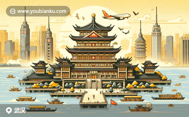 武漢文化與風(fēng)景融合，展現(xiàn)黃鶴樓壯美、熱干面美食和東湖景色，靈動呈現(xiàn)于航空郵件信封上