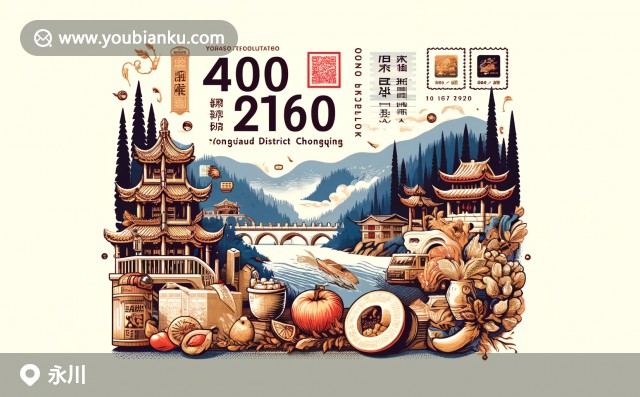 永川區(qū)特色展示 - 黑山谷風(fēng)光、永川豆腐乳與嘉陵江景觀的現(xiàn)代創(chuàng)意插畫(huà)