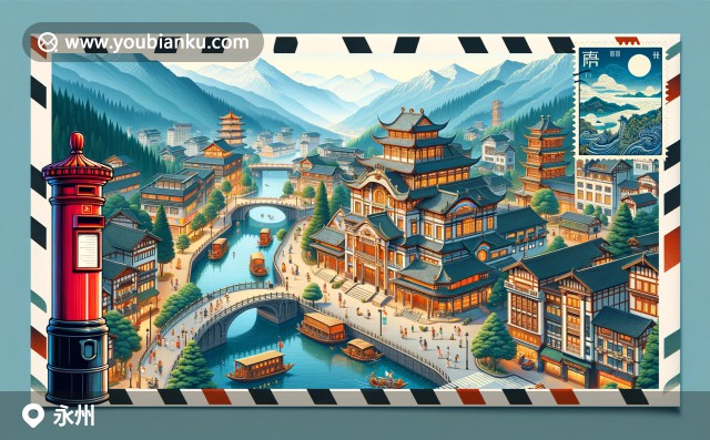 永州地方特色與郵政元素融合，描繪零陵古城、東安雞與傳統(tǒng)釀菜，展現(xiàn)湘江風(fēng)光與中國風(fēng)郵票