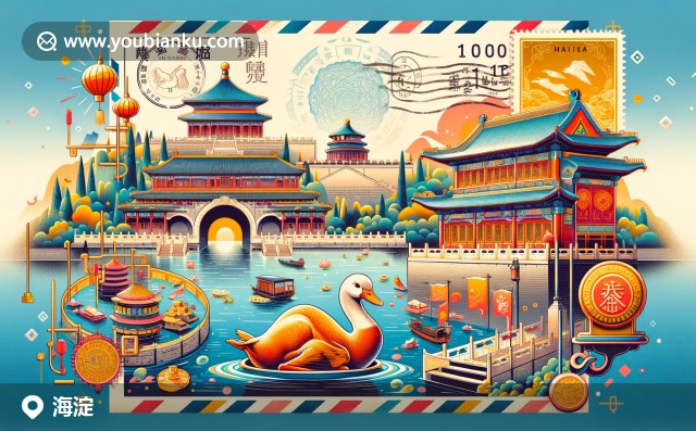 頤和園、清華大學與北京烤鴨郵票插畫，展現(xiàn)海淀區(qū)的學術魅力、歷史遺產及美食特色