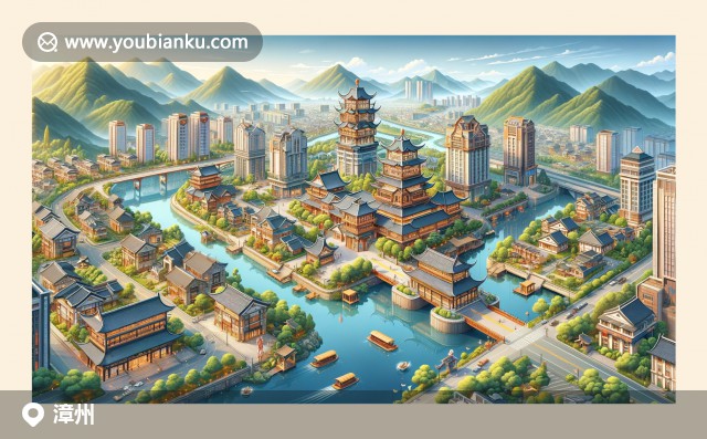 漳州傳統(tǒng)與現代的完美結合，描繪南靖土樓、云水謠古鎮(zhèn)和火山島景觀，展現郵政元素和地標建筑