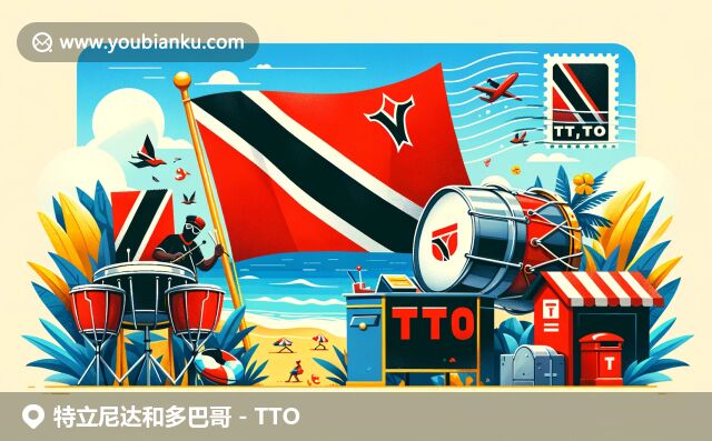 特立尼達(dá)和多巴哥郵政編碼頁(yè)面，展現(xiàn)國(guó)旗、鋼鼓和熱帶海灘，結(jié)合郵政元素與地域文化