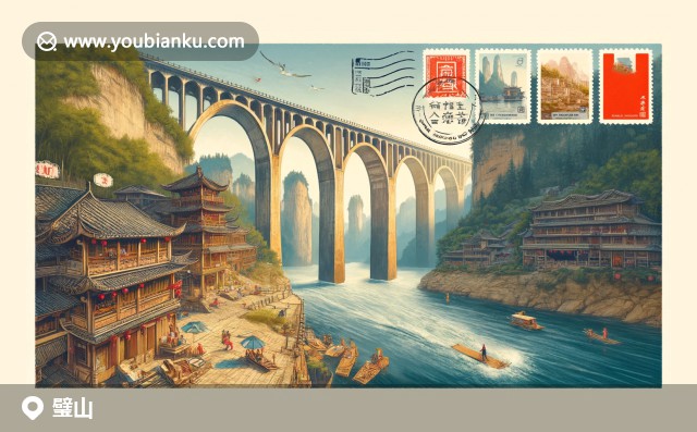 重慶璧山縣插圖：天主教堂，綠茶，大竹海與航空信封主題郵戳設計