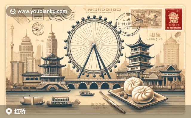 現(xiàn)代插畫風(fēng)格的天津紅橋區(qū)，展示天津之眼摩天輪、狗不理包子及郵政郵筒，象征地方美食與歷史文化