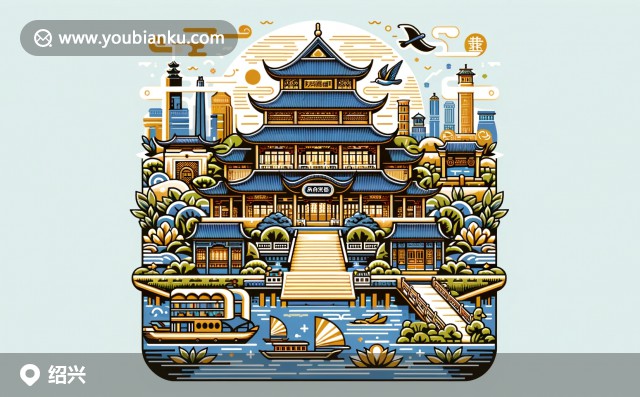 獨(dú)特的紹興縣景色，展現(xiàn)水鄉(xiāng)風(fēng)光、黑龍洞寺和紹興黃酒文化，郵戳312000，象征中國(guó)郵政與地方歷史的交融