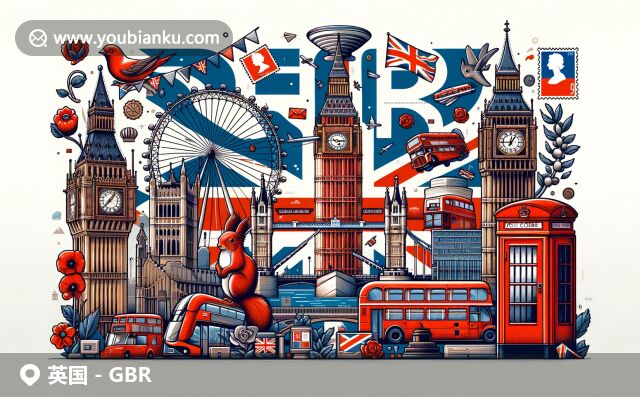 英國(guó)現(xiàn)代插畫(huà)風(fēng)格郵政特色設(shè)計(jì)，融合Union Jack和倫敦地標(biāo)，展現(xiàn)郵政文化與地域特色