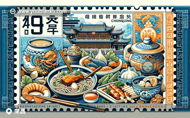 榮昌火鍋、精美陶瓷與白沙古鎮(zhèn)的熱鬧場(chǎng)景，以山水為背景的榮昌明信片