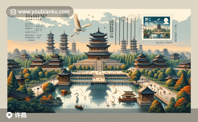 河南省許昌縣春秋樓郵票與鈞瓷制作的現(xiàn)代藝術(shù)寬幅明信片，郵編461000