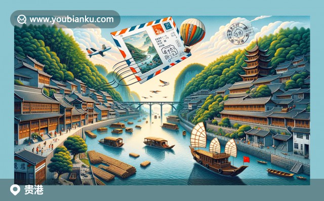 貴港西江風(fēng)情，傳統(tǒng)帆船蕩漾，竹林與鼓樓相映，郵政信封飛翔