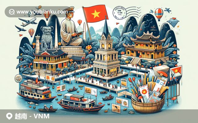 越南地標(biāo)與文化呈現(xiàn)，展示胡志明紀(jì)念堂、下龍灣石灰?guī)r島、會(huì)安古建筑、湄公河三角洲水上市場(chǎng)等
