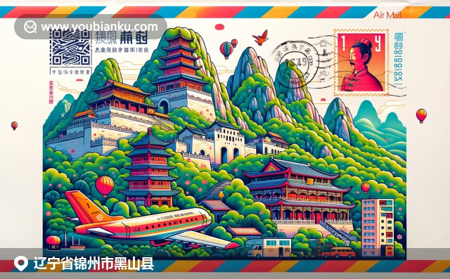黑山縣美景與文化的融合，展示義烏綠山、呂山豬和廣濟(jì)寺，巧妙融入航空郵件信封設(shè)計