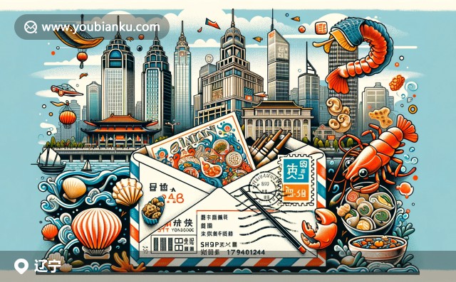 現(xiàn)代插畫(huà)展現(xiàn)遼寧省文化與郵政融合，大連海鮮與傳統(tǒng)小吃角色化呈現(xiàn)