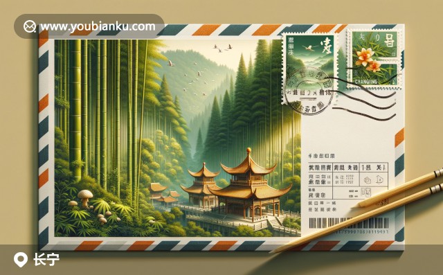 長寧竹海的翠綠竹林，古老的真武閣與特色竹蓀郵票圖案，展示四川長寧縣的文化與自然風光