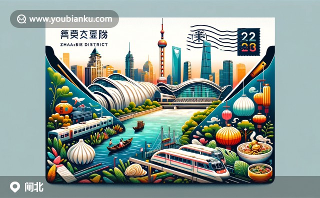 上海市閘北區(qū)蘇州河景色，1933老場坊建筑與小籠包郵票設(shè)計，紀念200000郵政編碼的創(chuàng)意插畫