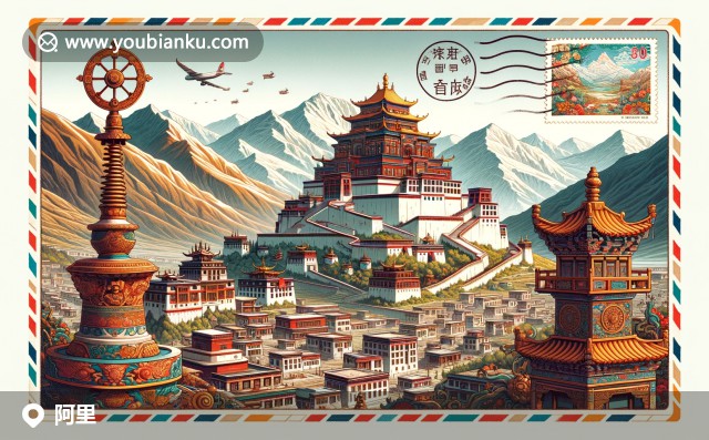 岡底斯山脈壯麗景色和古格王朝遺址的融合，彰顯阿里地區(qū)歷史和自然之美，藏族文化元素與明信片設計相得益彰