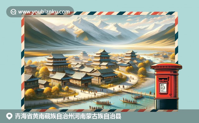 青海湖壯麗景色與藏族建筑，牧羊人和羊群生動(dòng)描繪，融入中國(guó)風(fēng)郵政元素