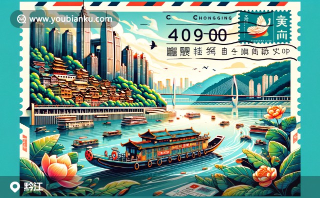 黔江區(qū)插圖：武江河景色，傳統(tǒng)船只，黔江辣子雞與現代郵政設計