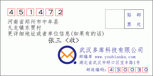 郵編信封:郵政編碼451472-河南省鄭州市中牟縣-九龍鎮(zhèn)東賈村